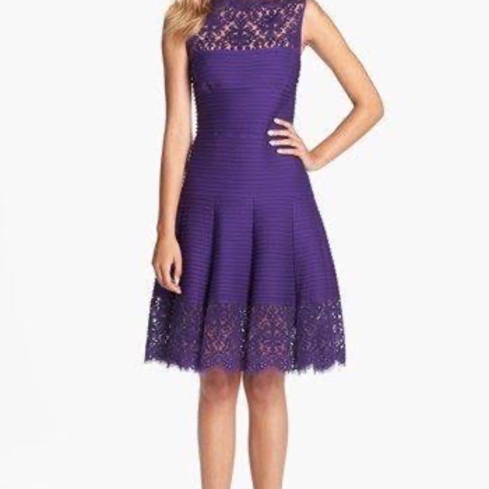 Tadashi Shoji Pintuck Jersey Boatneck Dress Amethyst Purple Lace Size Small